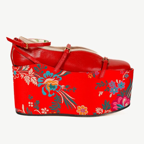 Gucci Hibiscus Red Malaga Kid Silk Hannelore Detachable Platform Slide - Picture 1 of 13